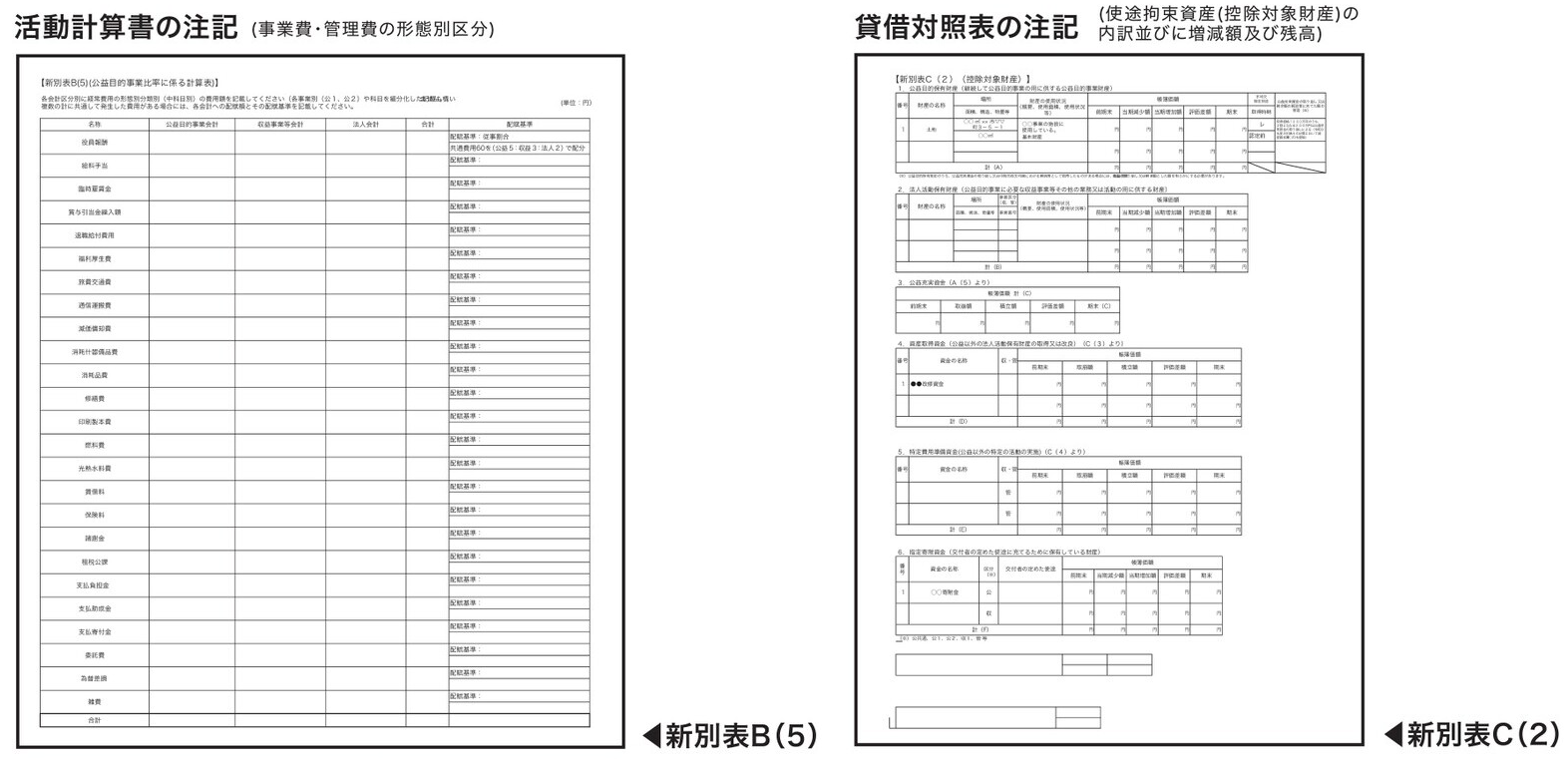 活動計算書の注記(事業費・管理費の形態別区分)と貸借対照表の注記(使途拘束資産(控除対象財産)の内訳並びに増減額及び残高)